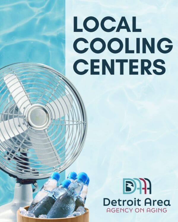 A metal oscillating desk fan blows beside an ice-filled wooden bucket of chilled bottled water against a sunlit, rippling pool background. Text (transcribed): LOCAL COOLING CENTERS Detroit Area AGENCY ON AGING